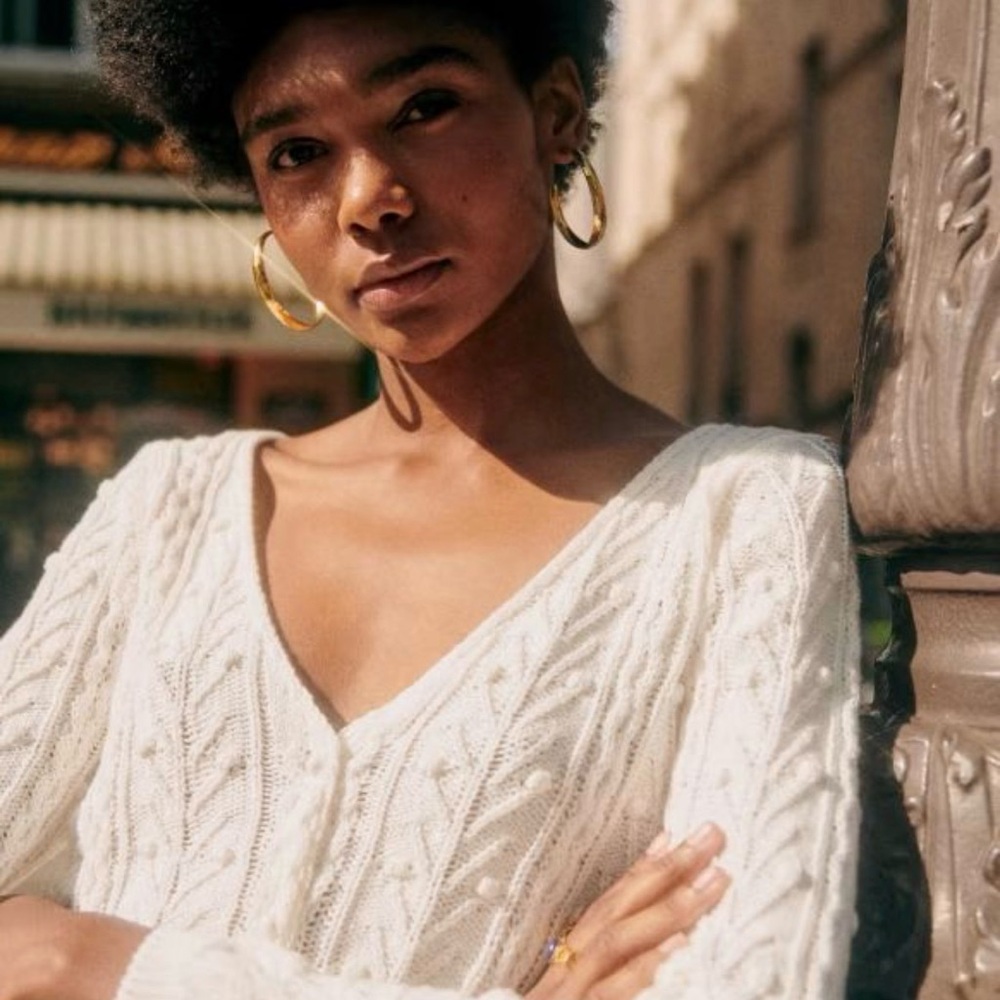 Sezane Annette Cream V-Neck Cable Knit Sweater